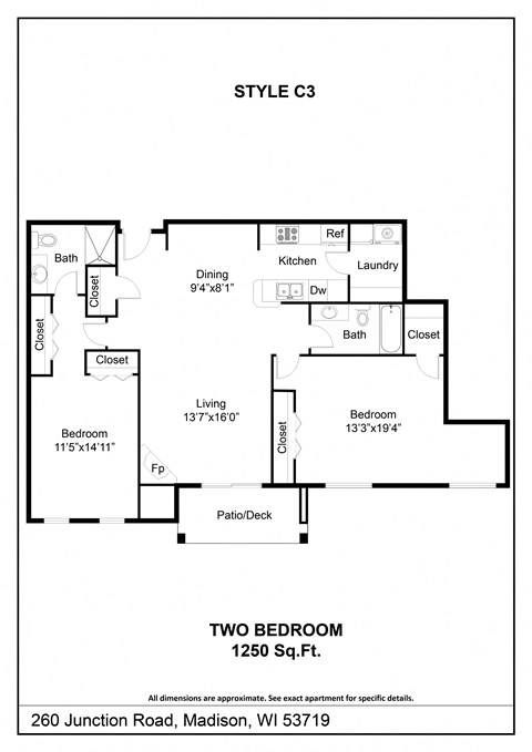 Floor plan for 2 beds, 2 baths, 1250 sqft